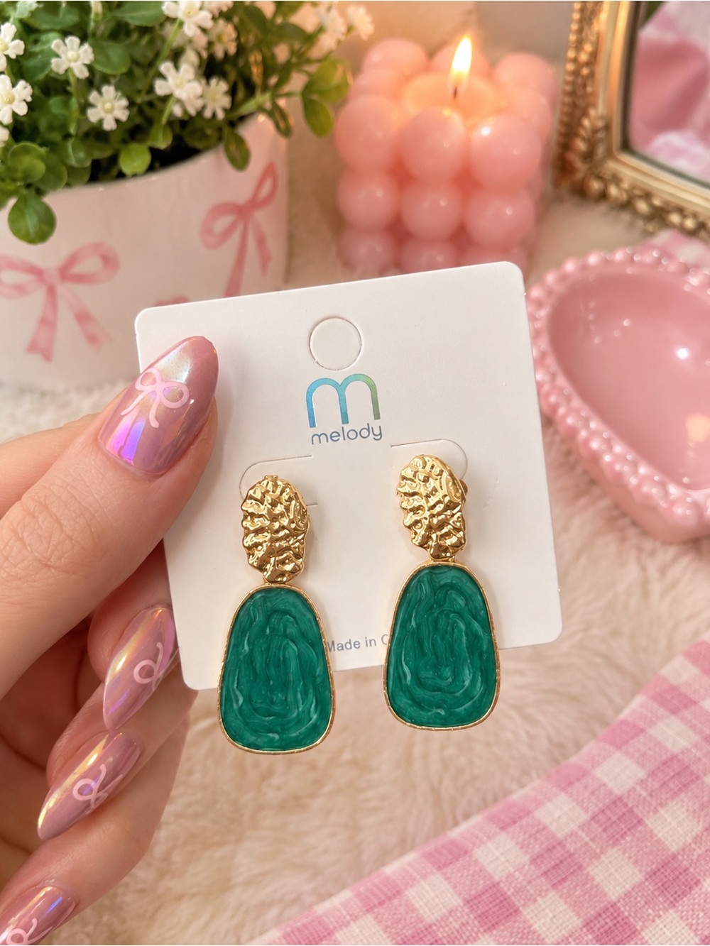 Green and gold stone earrings